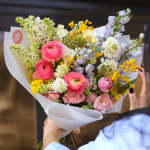 Bouquet with delphinium, tulips, scabiosa and freesia BOUQUET 257