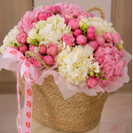 Arrangement in a basket with hydrangeas and bush peony roses BIG 39