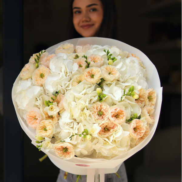Bouquet with hydrangeas, peony roses and freesia