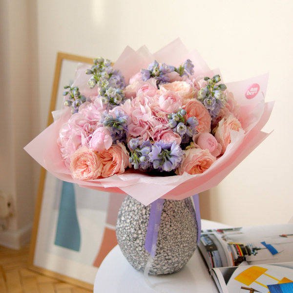 Bouquet with garden peony roses, hydrangeas and delphinium BIG 12