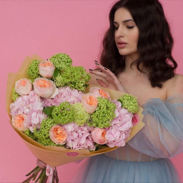A bouquet of peony Juliet roses, hydrangeas and viburnums BIG 19