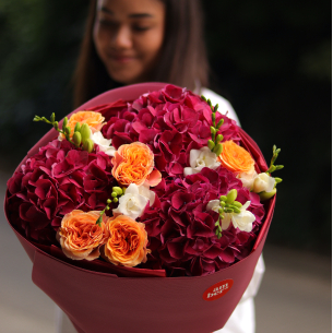 Bouquet with hydrangeas, peony roses and freesia BOUQUET 317