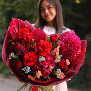 Bouquet with hydrangeas, anthuriums, roses, oxypetalum and eucalyptus BOUQUET 108