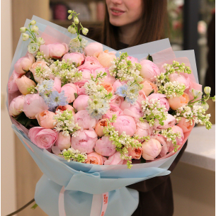 BOUQUET 203 Bouquet with peonies, peony roses, ranunculus, delphinium and lilac
