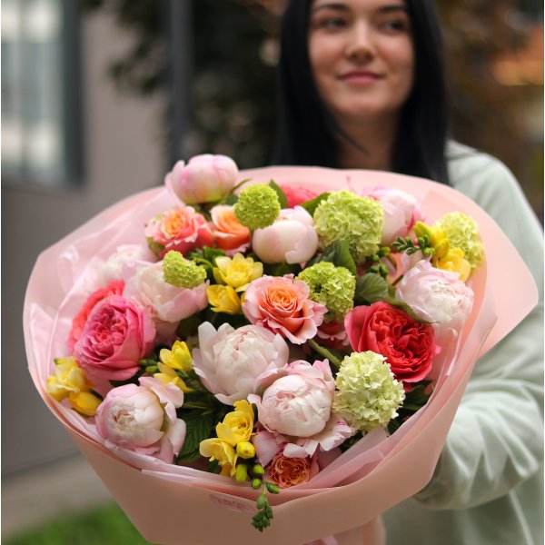 Bouquet with peonies, viburnum, peony roses and freesia BOUQUET 302