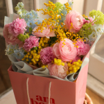  Bouquet with ranunculus, delphinium, mimosa and dianthus BOUQUET 240