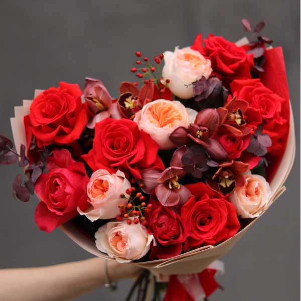 Bouquet with peony roses, tulips, anthuriums and gerberas BOUQUET 29