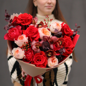 Bouquet with peony roses, tulips, anthuriums and gerberas BOUQUET 29