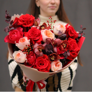 Bouquet with peony roses, tulips, anthuriums and gerberas BOUQUET 29
