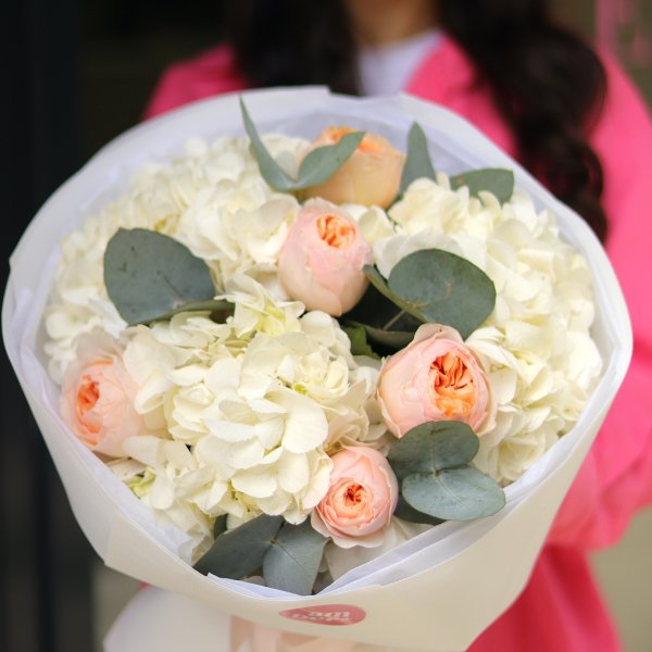 Bouquet with hydrangeas, peony roses and eucalyptus BOUQUET 307