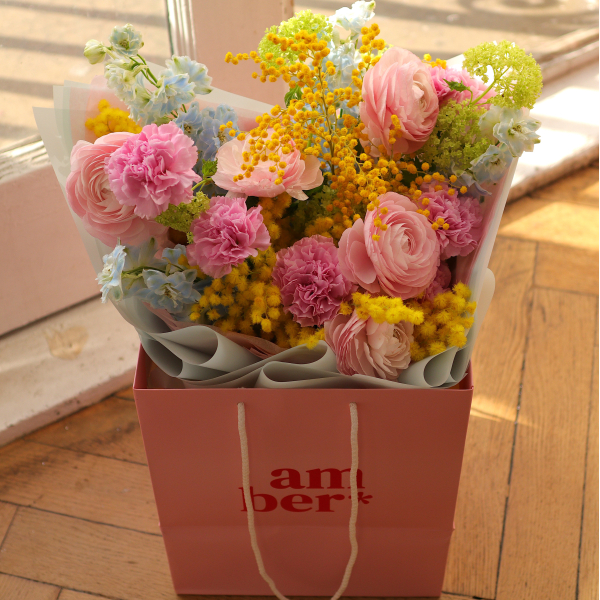  Bouquet with ranunculus, delphinium, mimosa and dianthus BOUQUET 240