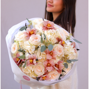 BOUQUET 151 Bouquet with hydrangeas, peony roses, tulips and eucalyptus