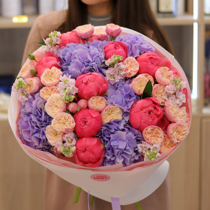 BOUQUET 168 Bouquet with peonies, mattiola, bush roses and hydrangeas