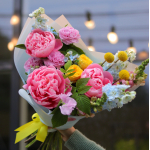Bouquet with delphinium, peonies, craspedia, oxypetalum and dianthus BOUQUET 164