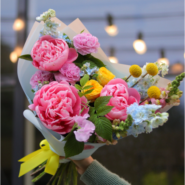 Bouquet with delphinium, peonies, craspedia, oxypetalum and dianthus BOUQUET 164