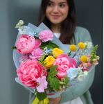 Bouquet with delphinium, peonies, craspedia, oxypetalum and dianthus BOUQUET 164