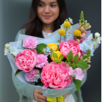 Bouquet with delphinium, peonies, craspedia, oxypetalum and dianthus BOUQUET 164