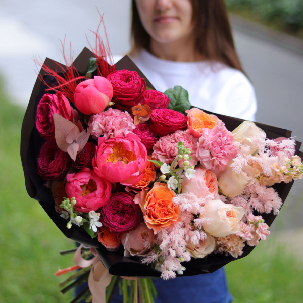 Bouquet with peonies, peony roses, dianthus, matiola and oxypetalum BOUQUET 169 