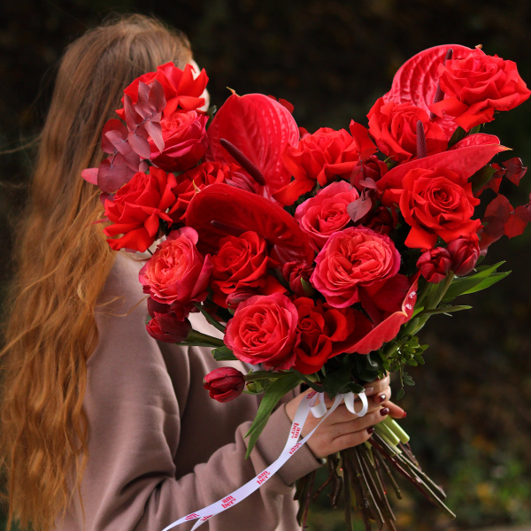 Fiery bouquet with roses, anthuriums and tulips BOUQUET 175 