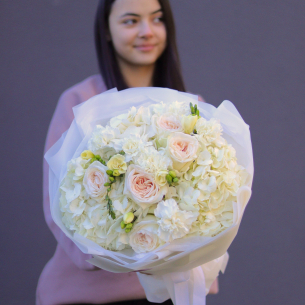 BOUQUET 222 Bouquet with hydrangea, peony roses, freesia and dianthus