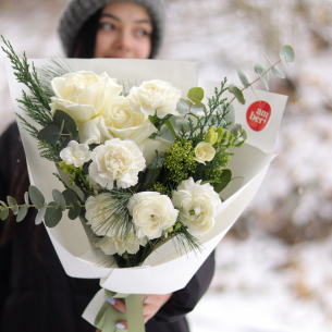 Bouquet with roses, ranunculus, freesia and sprigs of needles BOUQUET 216