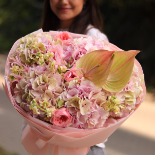 Bouquet with hydrangeas, anthuriums, peony roses and mathiola BOUQUET 11