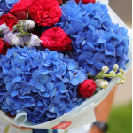 Bouquet with hydrangeas, delphinium and peony roses Red Piano BOUQUET 206