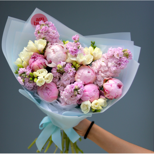 A fragrant bouquet of peonies, matiola and freesia BOUQUET 153