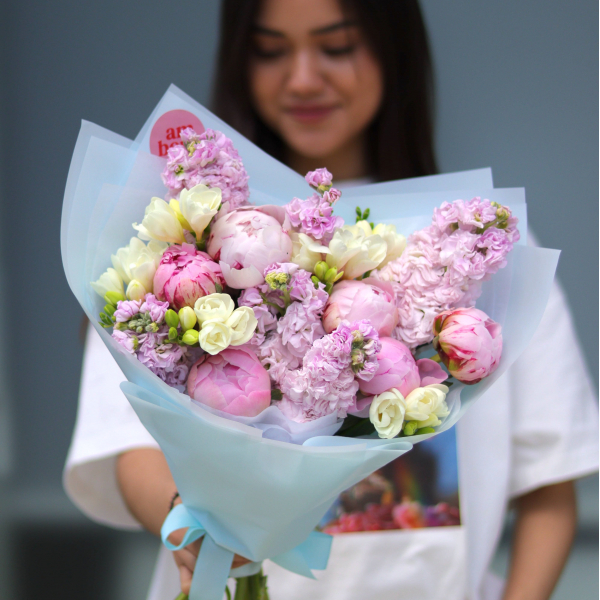 A fragrant bouquet of peonies, matiola and freesia BOUQUET 153