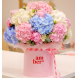 Arrangement in a box with hydrangeas, peonies and freesia FLOWER BOX 06