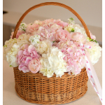 FLOWER BOX 01 Delicate arrangement in a basket with hydrangeas, peonies, freesias and mattiola