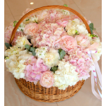 FLOWER BOX 01 Delicate arrangement in a basket with hydrangeas, peonies, freesias and mattiola