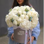 Floral arrangement in an L-sized box with hydrangeas, peonies and oxypetalum FLOWER BOX 58