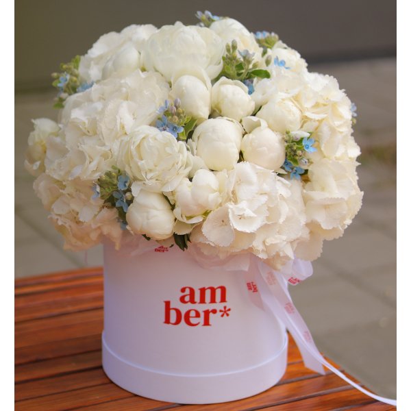 Floral arrangement in an L-sized box with hydrangeas, peonies and oxypetalum FLOWER BOX 58