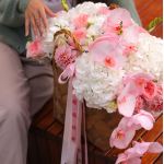 Composition with hydrangeas, peony roses, dahlias, freesia and orchid FLOWER BOX 22