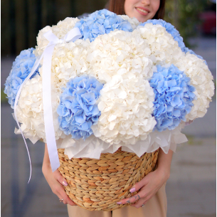 FLOWER BOX 61 Композиція в кошику з гортензій. На фото 19 шт.