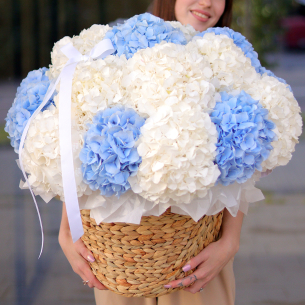 FLOWER BOX 61 Arrangement in a basket of hydrangeas. In the photo 19 pcs.