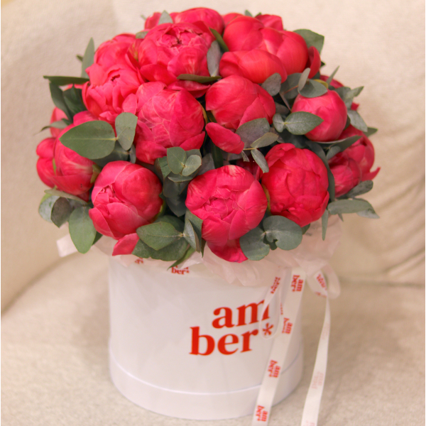 Composition of coral peonies. In the photo size M! FLOWER BOX 29