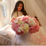 Arrangement in a box with hydrangeas, peony roses, orchid and tulips FLOWER BOX 36