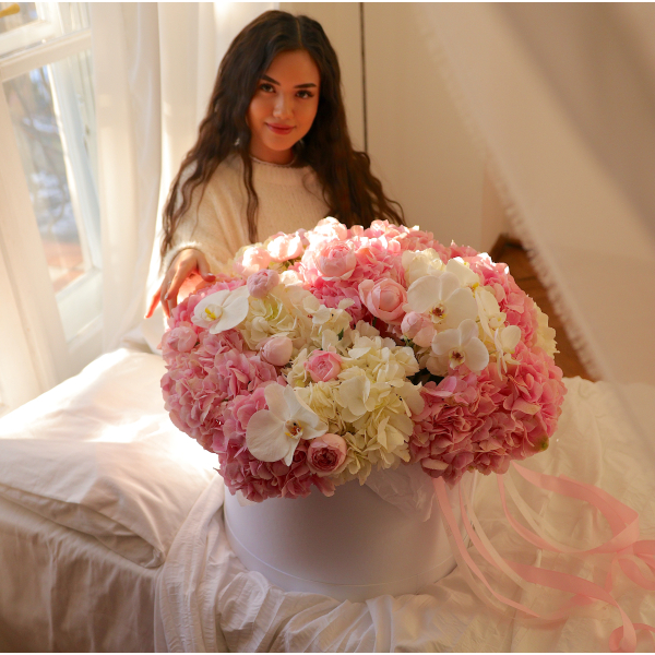 Arrangement in a box with hydrangeas, peony roses, orchid and tulips FLOWER BOX 36