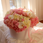 Arrangement in a box with hydrangeas, peony roses, orchid and tulips FLOWER BOX 36