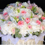 Delicate flower basket with hydrangeas, peony roses, matthiola and freesias BIG 66