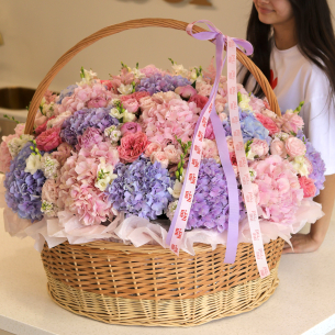 FLOWER BOX 51 Flower basket with hydrangeas, peonies, and freesias