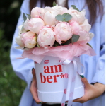 Composition in a box with peonies. In the foot size S FLOWER BOX 21