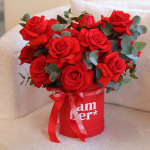 Flower box with ecuadorian roses and eucalyptus. In the photo size S! FLOWER BOX 33