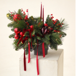 Composition of three types of Christmas tree, ilex, toys, garland and candles Christmas decor 04